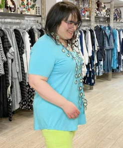 Pure Essence Short Sleeve V-Neck Top, Aqua