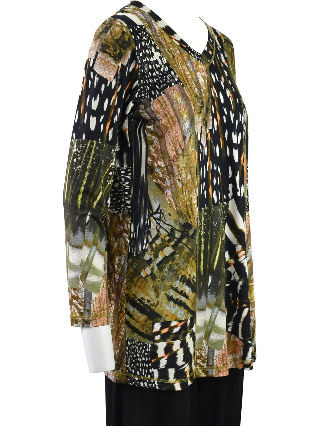 Q'Neel Printed V Neck Tunic, Olive Multi