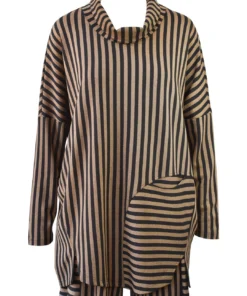 Q'Neel Q'Neel Striped Cowl Pocket Top, Black/Taupe