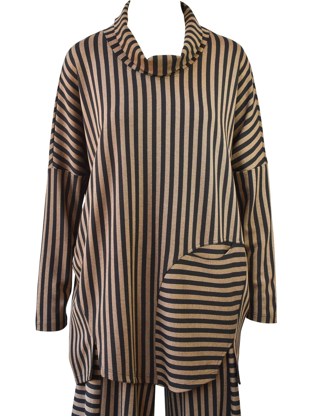 Q'Neel Q'Neel Striped Cowl Pocket Top, Black/Taupe