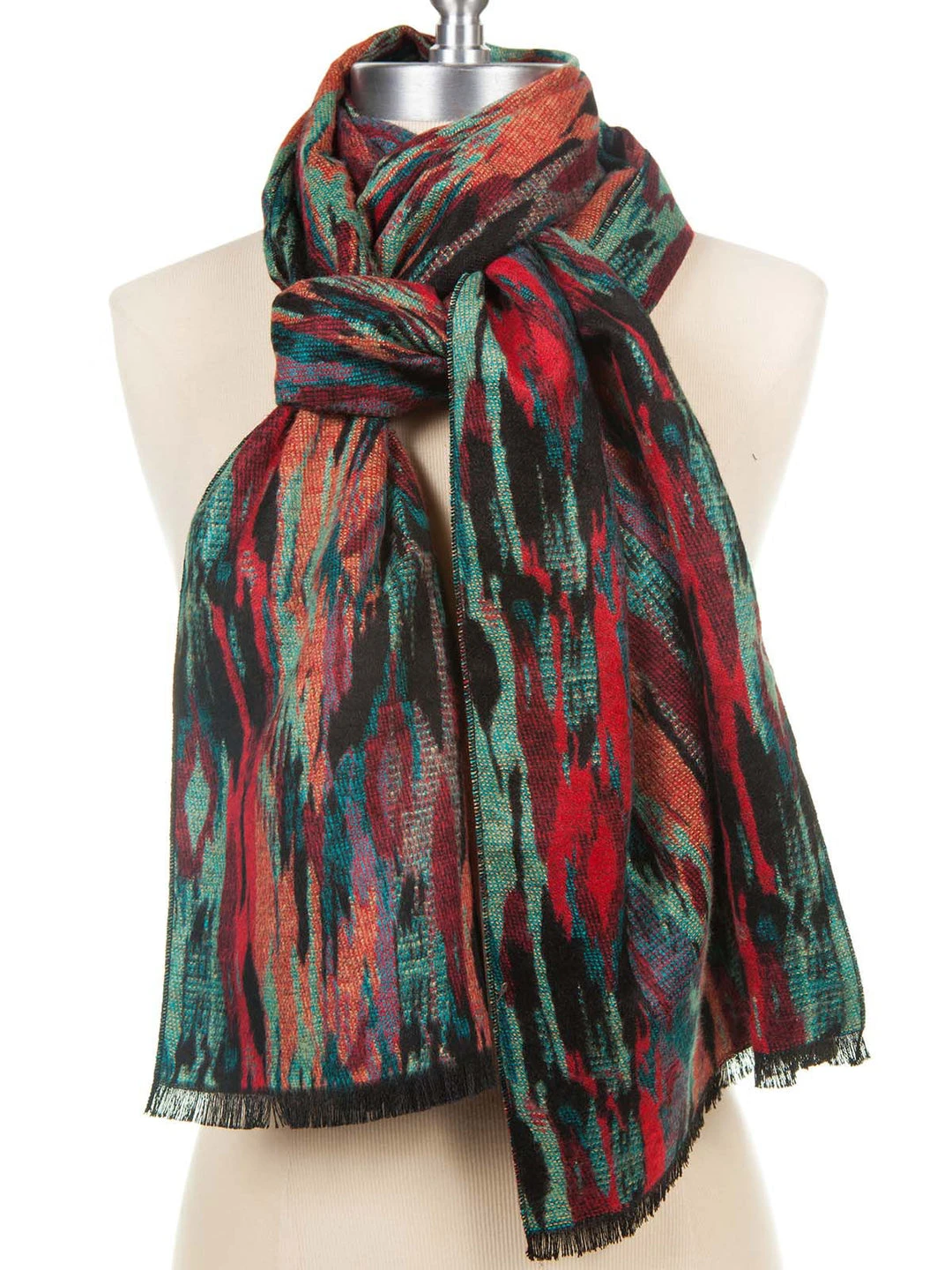 Rapti Fashion Cashmere Rectangular Scarf, Red Teal Stripes Mix