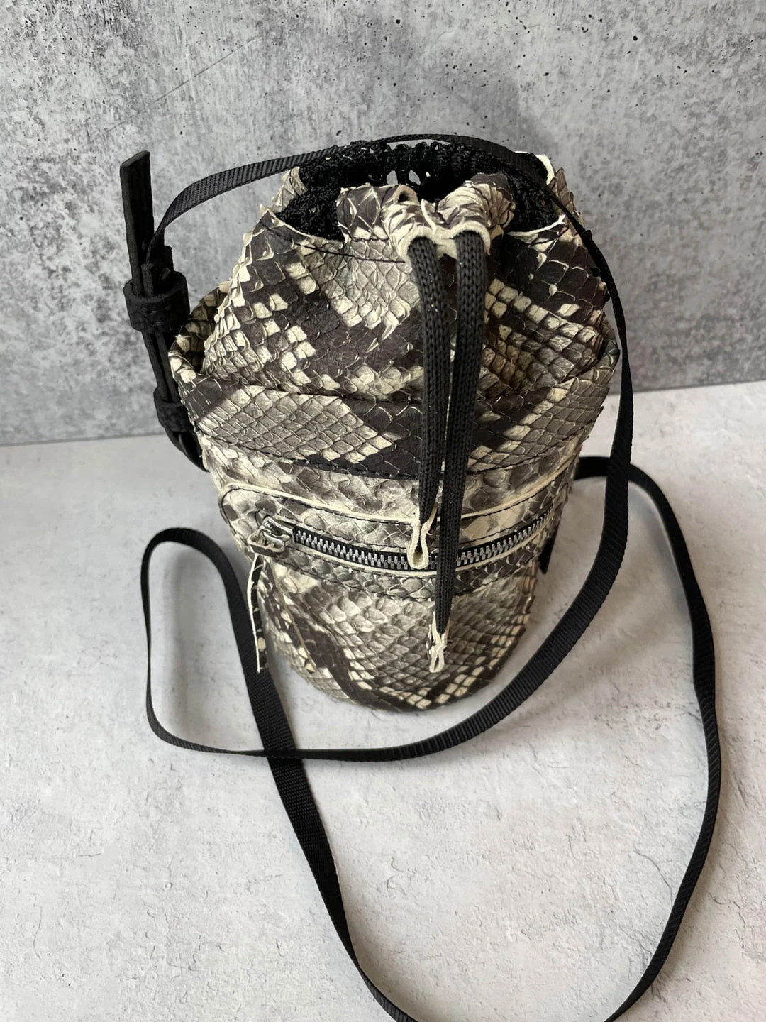 Riel Drawstring Mini Bucket Crossbody Bag, Beige Snake Riel