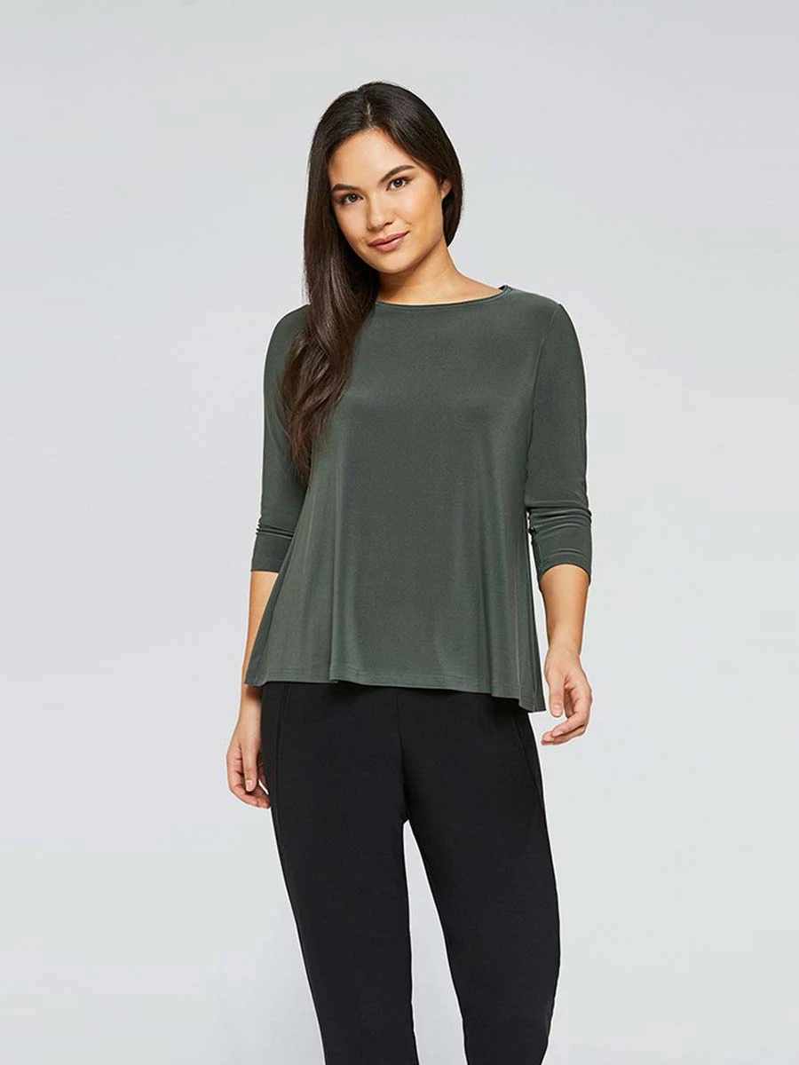 Sympli Trapeze Top, 3/4 Sleeve, Melange Olive Sympli