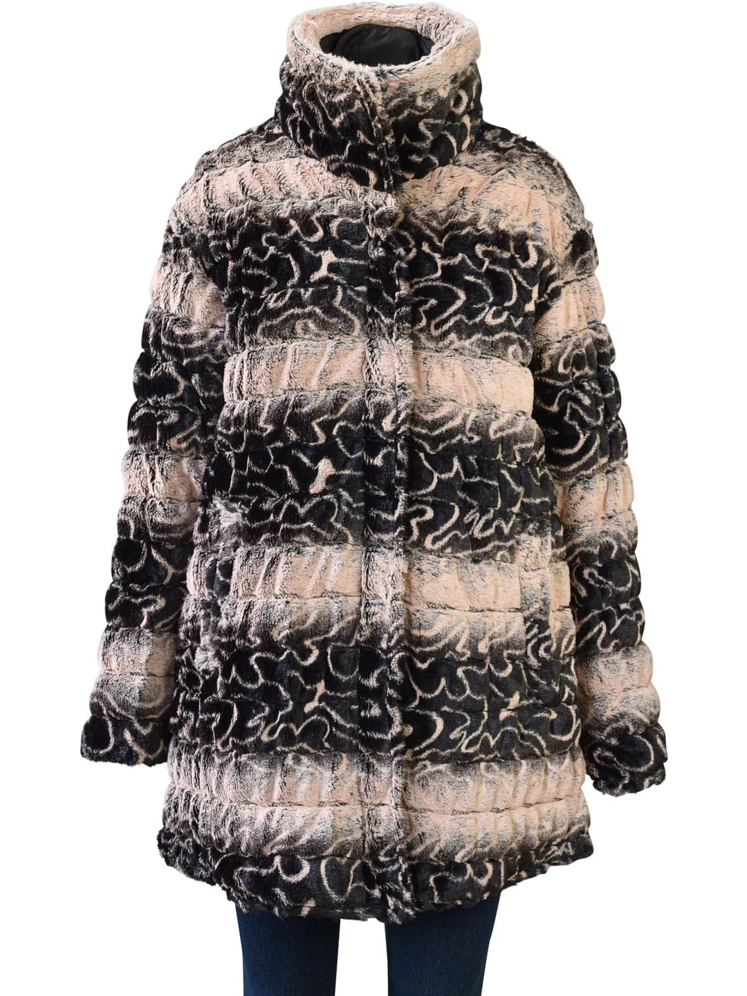 UBU Clothing Co Faux Fur Reversible Zip Front Jacket, Stripes/Black