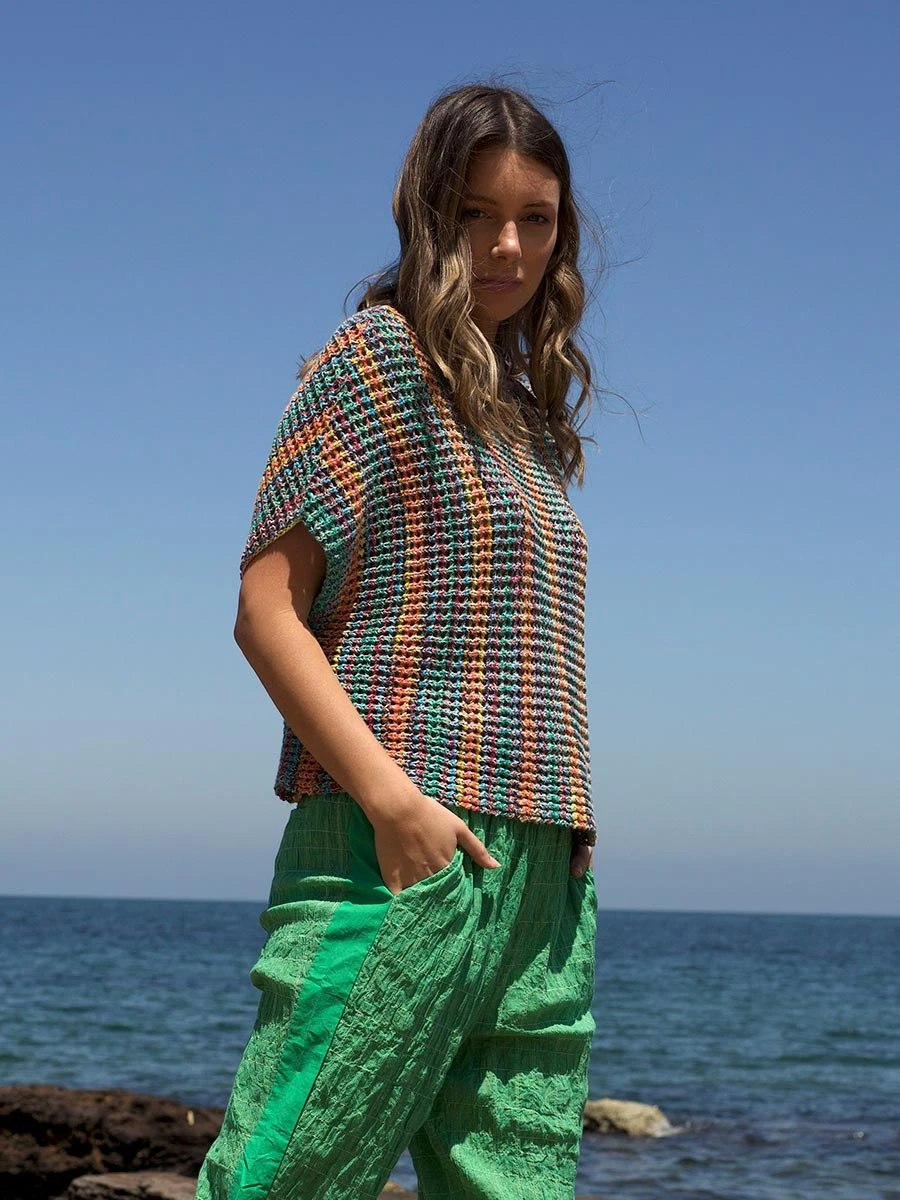 Zaket & Plover Melange Open Knit Sweater, Green Combo Tops